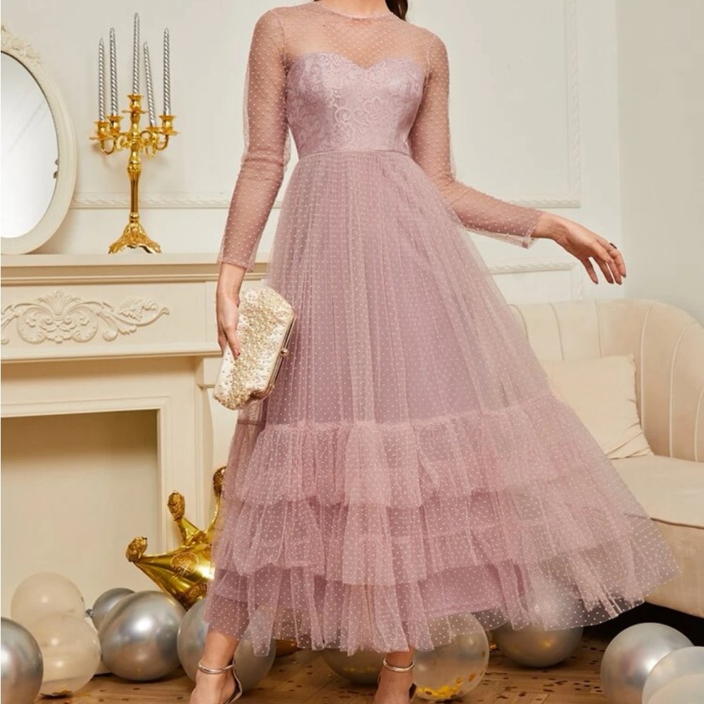 Pink lace ruffle polka dot detail mesh dress